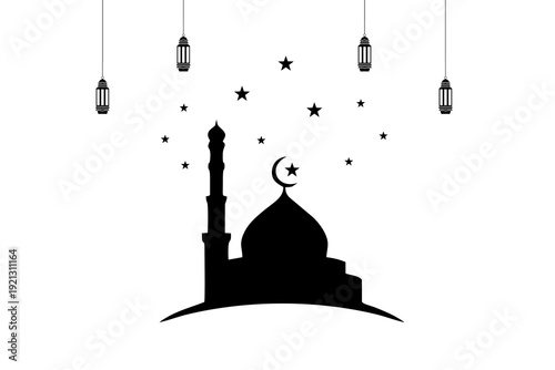 This is a vector image of the Shillouet Mosque, Islamic lamps, moon and stars, suitable for use in printing company logo designs, Eid envelopes, Eid greeting cards, tote bags, accessories, knick-knack