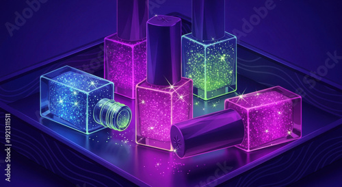 Futuristic gradient glitter nail polish bottles in neon colors with glowing mood for party and cyber manicure decor