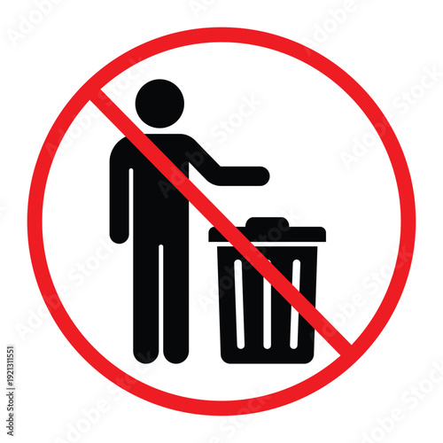 No littering prohibition sign showing a person throwing trash into a bin crossed by a red circle and diagonal line. Simple black pictogram on light background, ideal for public notice, hygiene and saf