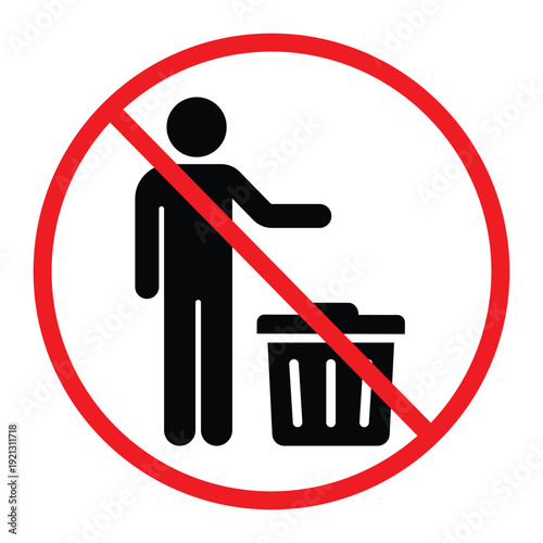 No littering prohibition sign showing a person throwing trash into a bin crossed by a red circle and diagonal line. Simple black pictogram on light background, ideal for public notice, hygiene and saf