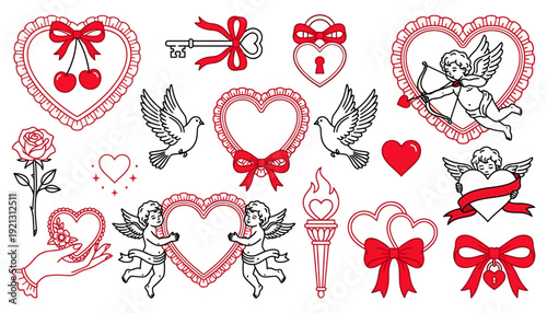 Collection of romantic and decorative graphic elements including hearts cupids doves a rose cherries and a key rendered in red and black outline style valentine love symbol