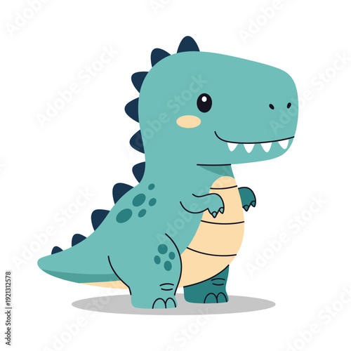 Cartoon dinosaur character standing and smiling, depicted in a cute and playful kawaii art style, on a plain white background with subtle shadow, ideal for children's educational content or 