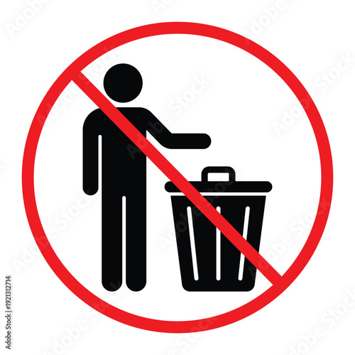 No littering prohibition sign showing a person throwing trash into a bin crossed by a red circle and diagonal line. Simple black pictogram on light background, ideal for public notice, hygiene and saf
