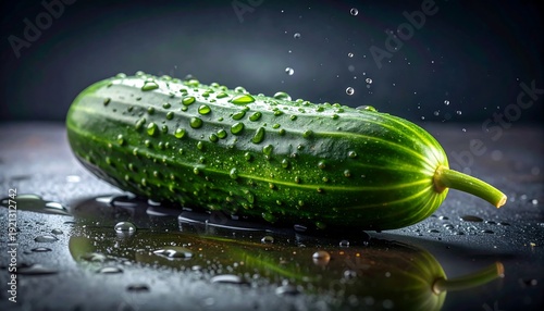 A fresh, glistening cucumber with water droplets sits on a reflective, dark surface, evoking a sense of crispness