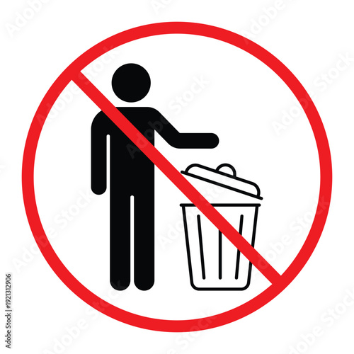 No littering prohibition sign showing a person throwing trash into a bin crossed by a red circle and diagonal line. Simple black pictogram on light background, ideal for public notice, hygiene and saf