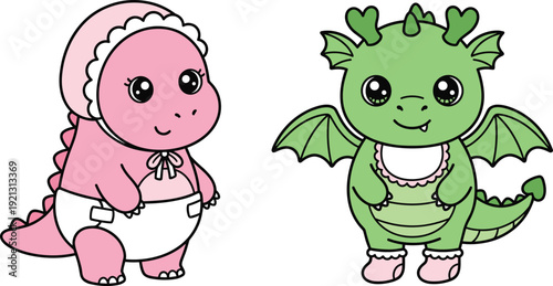 Pink Baby Dragon and Green Toddler Dragon vector illustration