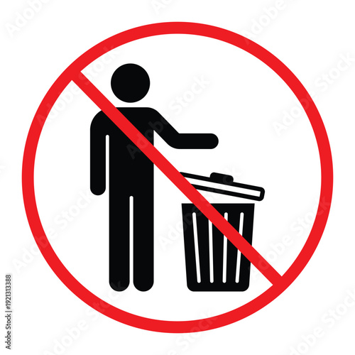 No littering prohibition sign showing a person throwing trash into a bin crossed by a red circle and diagonal line. Simple black pictogram on light background, ideal for public notice, hygiene and saf