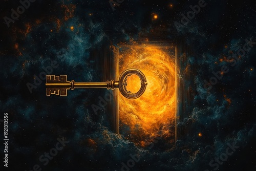 ornate golden key floating before a fiery cosmic portal in a star-filled nebula, evoking awe and mystery