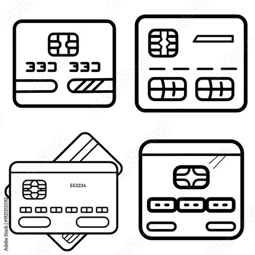 Set of simple line art icons representing credit cards and debit cards for financial transactions.