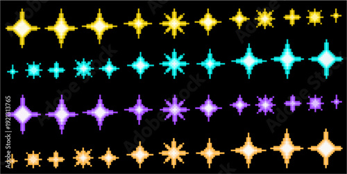 Set editable different color pixel stars burst vector for vibrant indie games. Ideal for symbolizing colorful arcade magic, retro rewards, and space blasts.