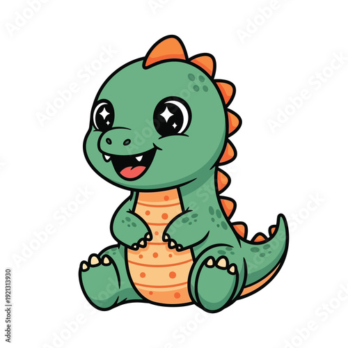 Adorable cartoon green dinosaur sitting happily with big smile and orange spikes on solid white background, kawaii doodle style