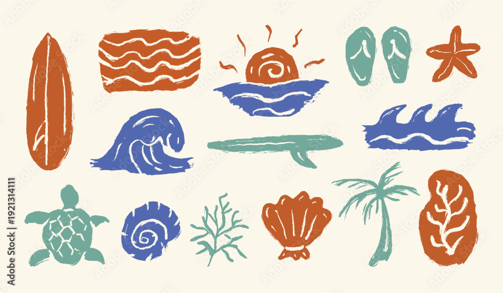 Fototapeta premium Tropical beach hand drawn illustration set. Summer vintage vector doodle elements. Scribble beach icon collection containing surfboard, wave, ocean, starfish, coral, sunset, sea turtle, palm tree.