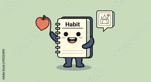 Cartoon Notebook Character Holding Apple.