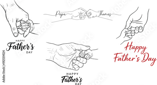 Happy Father's Day Hand Holding Line Art Illustration Set