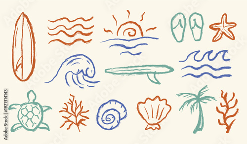 Tropical beach hand drawn illustration set. Summer vintage vector doodle elements. Scribble beach icon collection containing surfboard, wave, ocean, starfish, coral, sunset, sea turtle, palm tree.