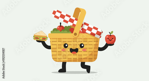 Cartoon Picnic Basket Character with Food.