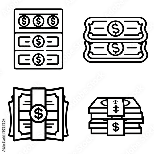 Collection of stylized flat icons representing stacks of cash and currency.