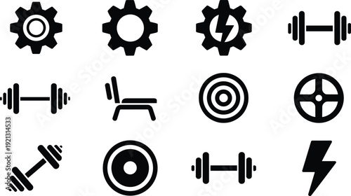 Gym fitness and mechanical gear silhouette icon set with dumbbells, bench press, targets and power symbolsGym fitness and mechanical gear silhouette icon set 