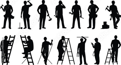 Handyman and construction worker silhouette collection with tools, ladders, standing and working poses for repair, maintenance and service signage