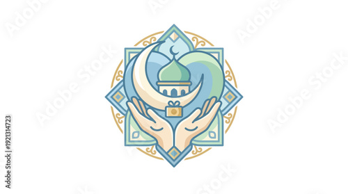 Islamic charity symbol with mosque and crescent moon.