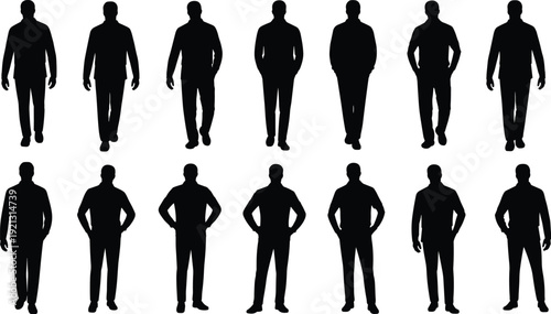 Male silhouette walking and standing poses collection of full-body vector silhouettes showing casual, confident, and professional postures for profiles, signage, and design