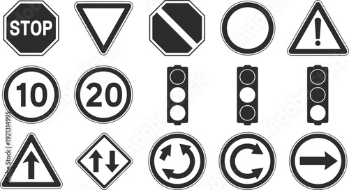 Traffic road signs and signals icon set with stop, yield, speed limits, warning, directions, roundabout arrows and traffic light silhouettes