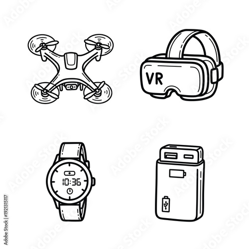Detailed black and white illustration of modern technology icons including drone, virtual reality headset, smartwatch, and power bank, showcasing contemporary gadgets in a simple, hand-drawn