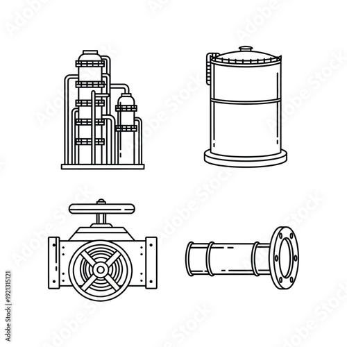Detailed technical illustration of industrial equipment set including valve, tank, pump, and pipe fitting in a monochromatic line art style, showcasing mechanical components in an engineerin