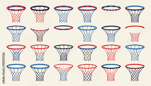Modern basketball hoop collection in retro athletic style, showcasing clean vector nets and rims that capture classic court atmosphere, competitive spirit, and timeless sports design aesthetics.