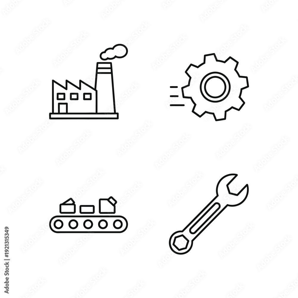 Fototapeta premium Set of four simple black line icons representing industry and machinery, including a factory, gear, tank, and wrench, in a minimalist style, against a plain white background, symbolizing ind