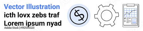 Currency icon, gear, and chart signify finance, analytics, growth, business strategy, technology, and investment. Ideal for fintech data insights startup planning corporate goals and simple