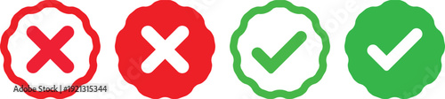 Green check mark and red cross mark icon set. Success and failure symbols. right and wrong buttons. Yes and no signs. checklist signs