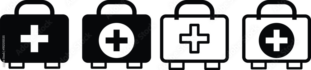 Obraz premium Emergency Medical Symbols. Patient care and recovery icons. First aid kit with cross icon. Pharmacy and health symbols. Workplace safety signs 