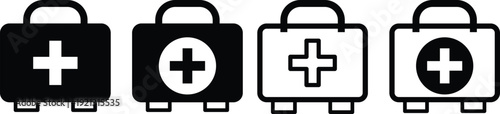 Emergency Medical Symbols. Patient care and recovery icons. First aid kit with cross icon. Pharmacy and health symbols. Workplace safety signs
