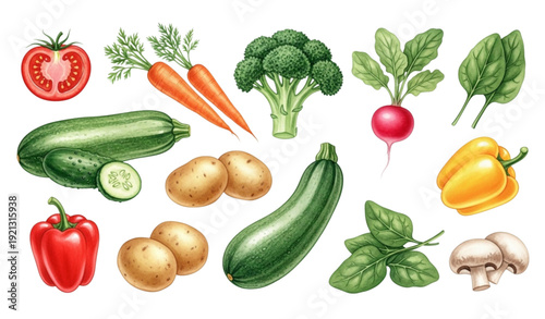Watercolor Fresh Vegetables Collection – Hand-Painted Tomato, Carrot, Broccoli, and More