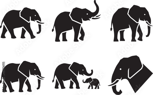 Set of stylized black elephant silhouettes in various poses, representing strength and grace in the animal kingdom