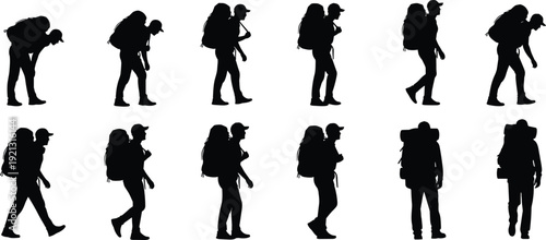 Collection of hiker silhouettes walking with backpack, trekking traveler set isolated on white background, adventure hiking expedition lifestyle concept