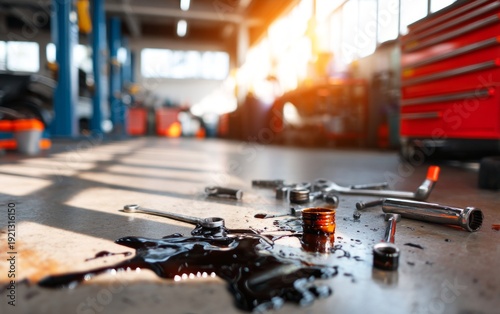 Spilled Motor Oil and Tools Across Workshop Floor