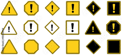 Warning signs set with exclamation mark symbols in triangle square diamond shapes. Alert and caution signs for notifications. Exclamation mark warning symbols collection. exclamation, warning, caution