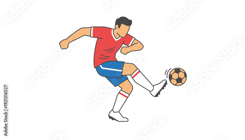 Adult male soccer player in a red jersey executes a powerful volley kick on the ball in a stylized, isolated graphic representation.