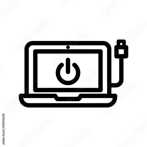Power button symbol on a laptop screen, indicating shutdown or startup, with a power cable plugged in for charging or operation