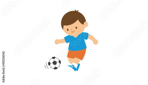 Small child with brown hair actively dribbles a black and white soccer ball while wearing a blue shirt and orange shorts.