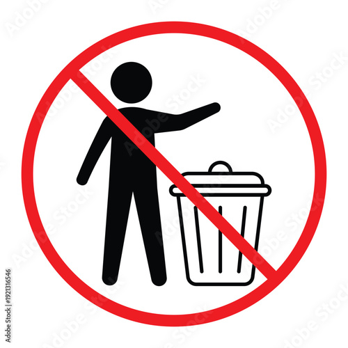 No littering prohibition sign showing a person throwing trash into a bin crossed by a red circle and diagonal line. Simple black pictogram on light background, ideal for public notice, hygiene and saf