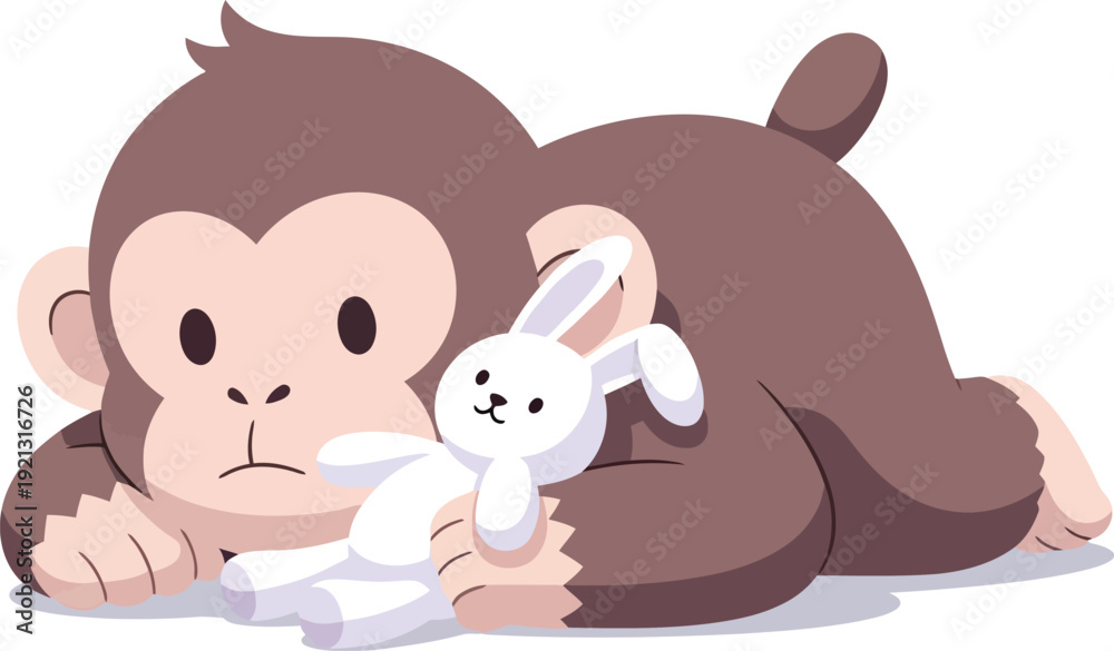 Obraz premium Sad brown baby chimpanzee lies down while clutching a small white stuffed rabbit toy.