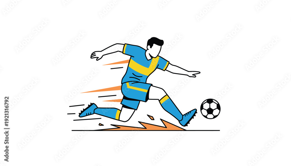 Obraz premium Dynamic illustration depicts a soccer player in a blue and yellow uniform powerfully kicking a football during a fast-paced match action.