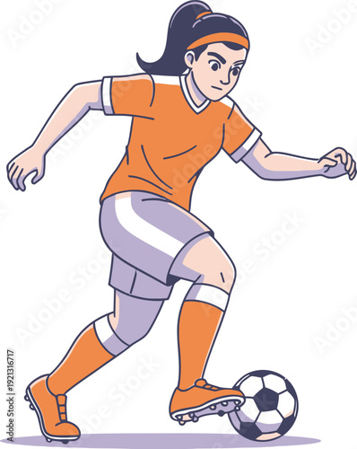 Determined female soccer player with an orange jersey focuses intensely while maneuvering the ball.