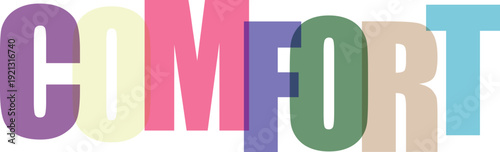 Large overlapping letters in soft pastel colors spelling out the word COMF Colorful text effect
