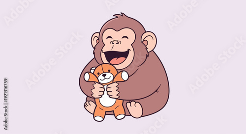 Joyful cartoon ape character embraces a fluffy orange teddy bear with an expression of pure happiness and laughter.