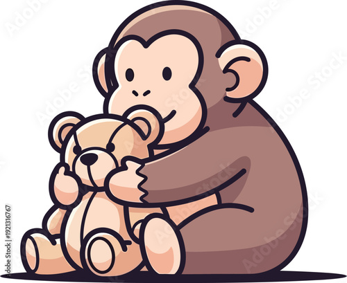 Affectionate cartoon monkey tightly hugs a small beige teddy bear while sitting down, conveying feelings of comfort and security.