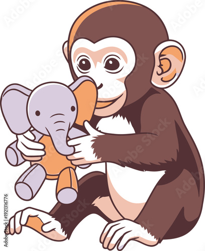 Young chimpanzee infant securely hugs a small gray plush elephant toy while sitting down.